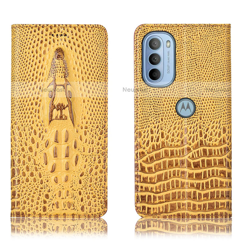 Leather Case Stands Flip Cover Holder H03P for Motorola Moto G31 Yellow