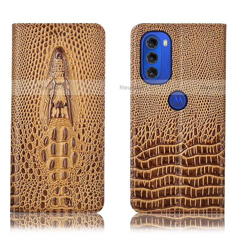 Leather Case Stands Flip Cover Holder H03P for Motorola Moto G51 5G Brown