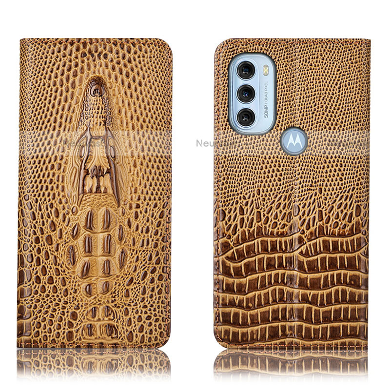 Leather Case Stands Flip Cover Holder H03P for Motorola Moto G71 5G Brown
