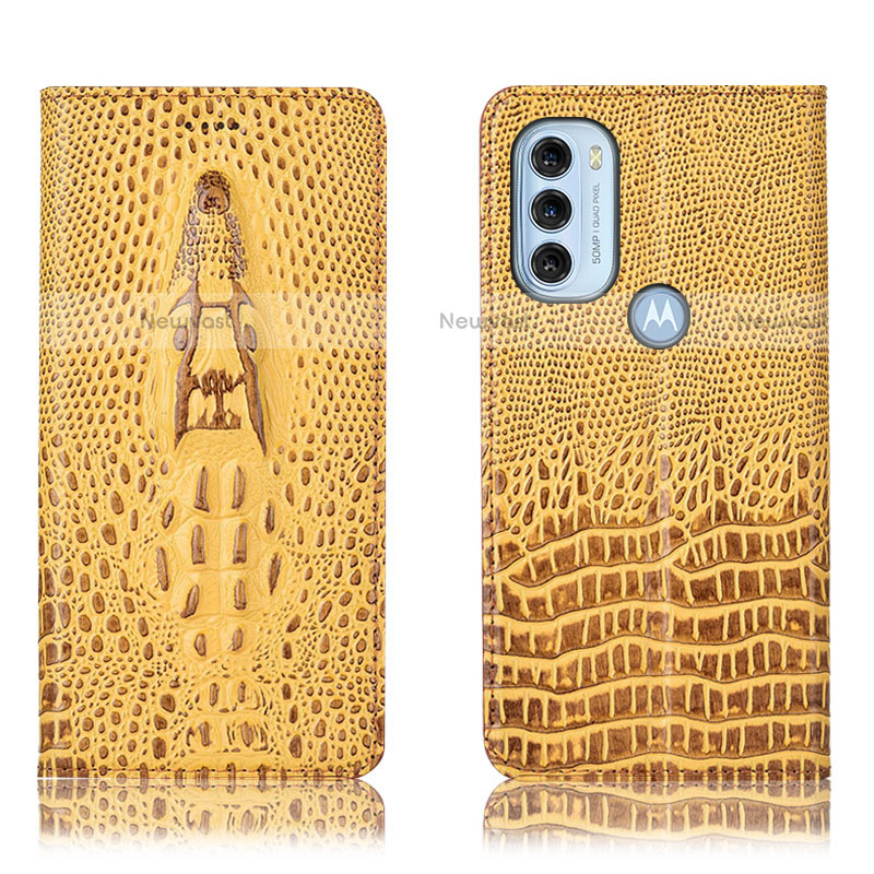 Leather Case Stands Flip Cover Holder H03P for Motorola Moto G71 5G Yellow