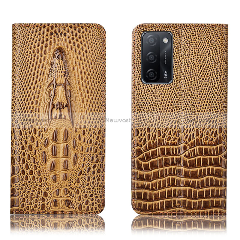 Leather Case Stands Flip Cover Holder H03P for Oppo A53s 5G Brown