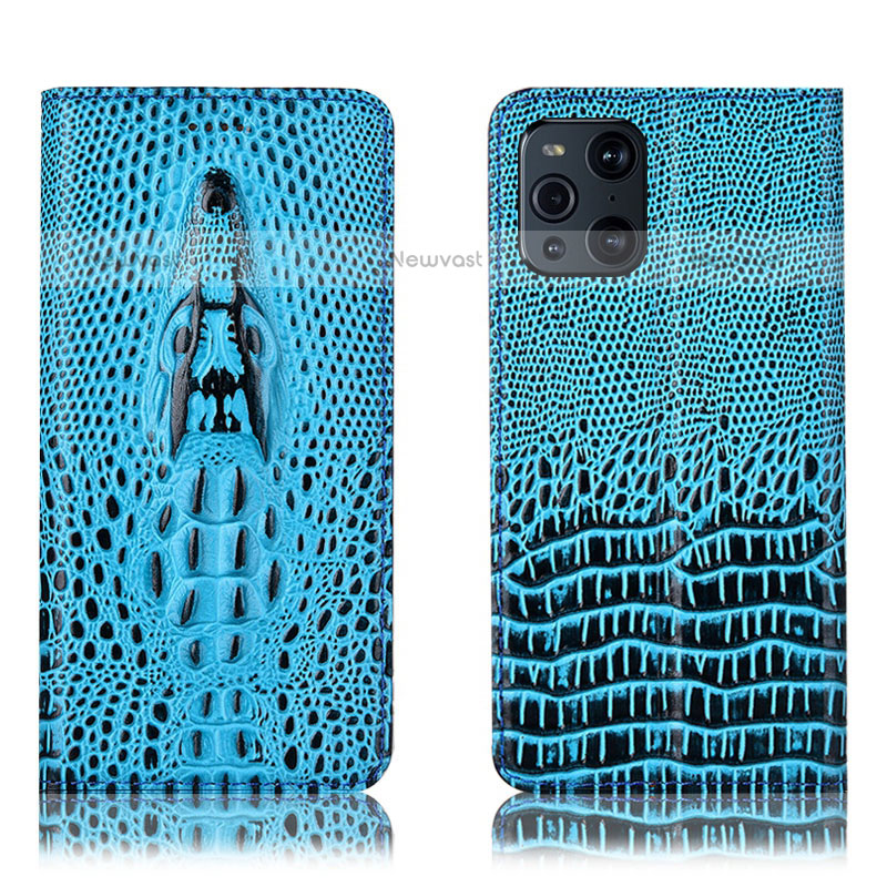 Leather Case Stands Flip Cover Holder H03P for Oppo Find X3 Pro 5G Sky Blue
