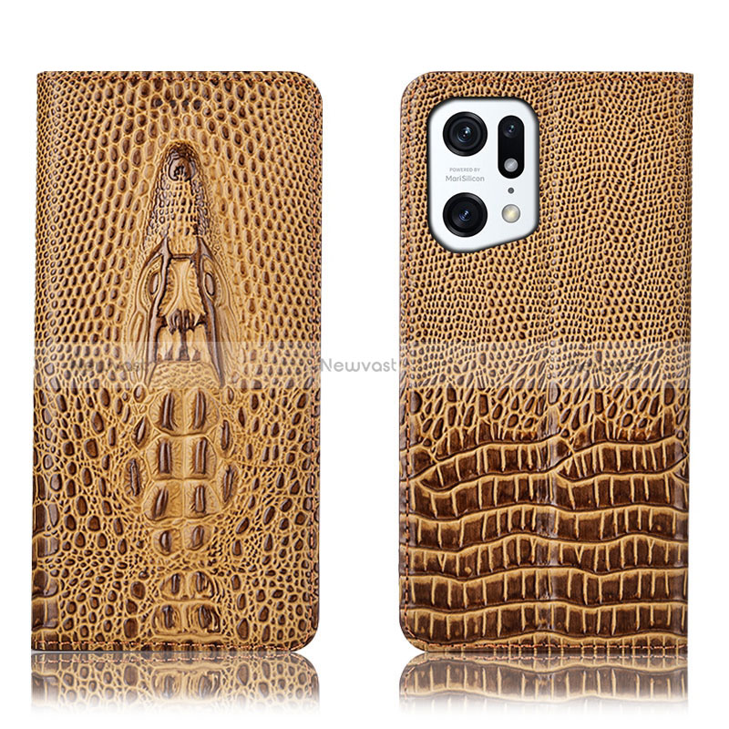 Leather Case Stands Flip Cover Holder H03P for Oppo Find X5 5G Brown