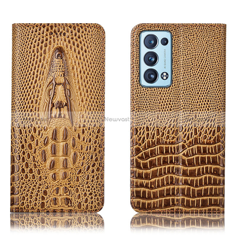 Leather Case Stands Flip Cover Holder H03P for Oppo Reno6 Pro 5G Brown