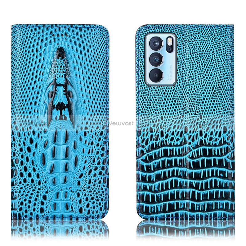 Leather Case Stands Flip Cover Holder H03P for Oppo Reno6 Pro 5G India Sky Blue