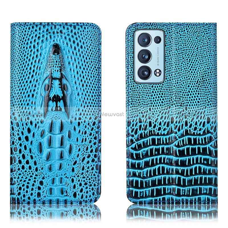 Leather Case Stands Flip Cover Holder H03P for Oppo Reno6 Pro 5G Sky Blue