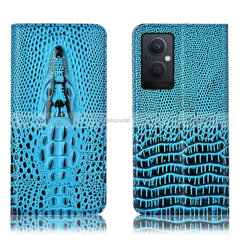 Leather Case Stands Flip Cover Holder H03P for Oppo Reno7 Z 5G Sky Blue