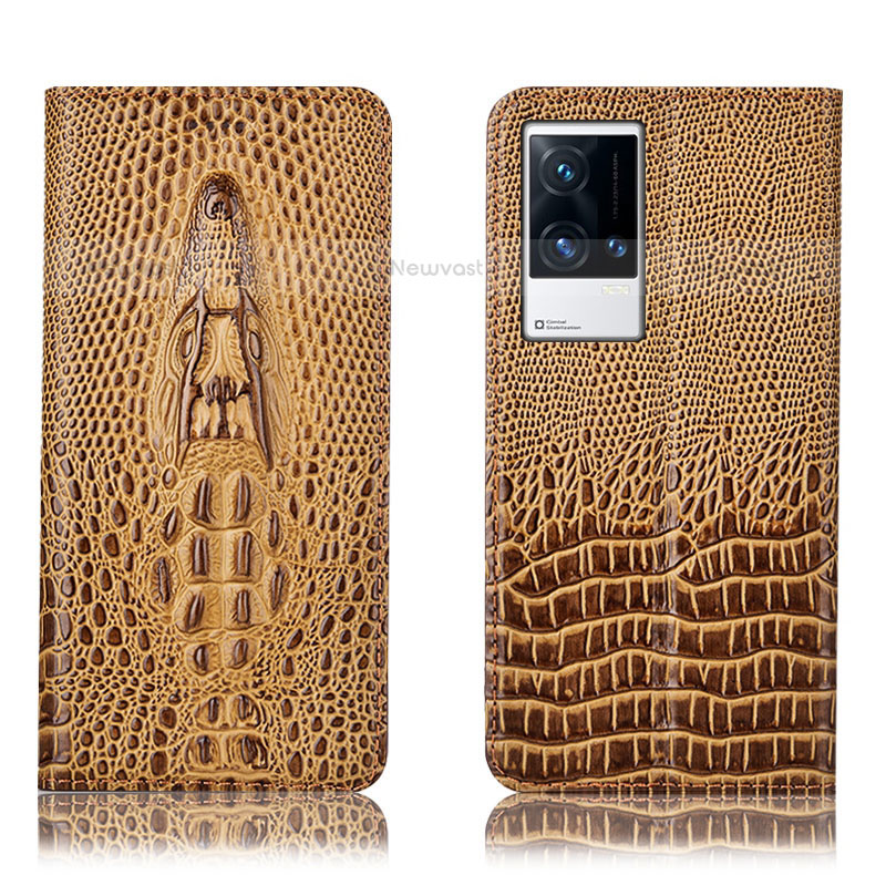 Leather Case Stands Flip Cover Holder H03P for Vivo iQOO 8 5G Brown