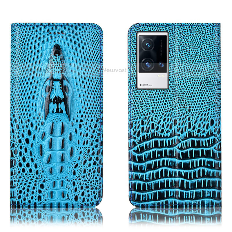 Leather Case Stands Flip Cover Holder H03P for Vivo iQOO 8 Pro 5G Sky Blue