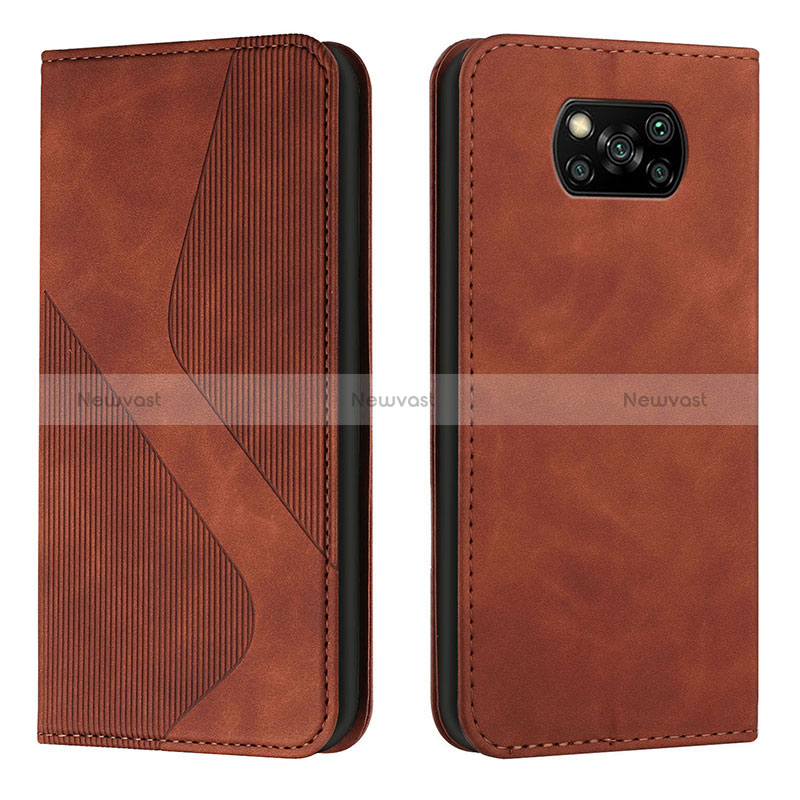 Leather Case Stands Flip Cover Holder H03X for Xiaomi Poco X3 Pro Brown