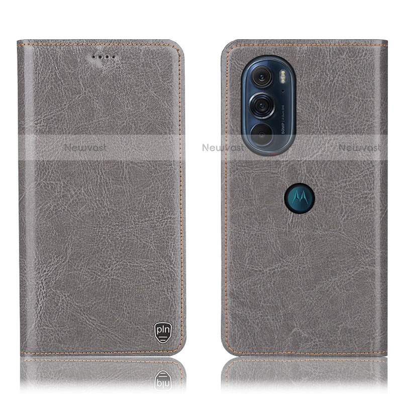 Leather Case Stands Flip Cover Holder H04P for Motorola Moto Edge Plus (2022) 5G Gray