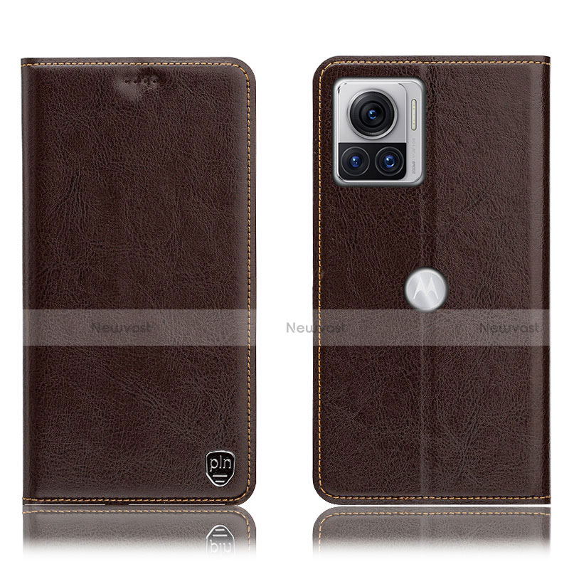 Leather Case Stands Flip Cover Holder H04P for Motorola Moto Edge X30 Pro 5G Brown
