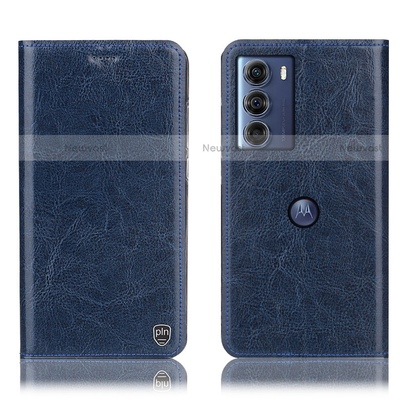 Leather Case Stands Flip Cover Holder H04P for Motorola Moto G200 5G Blue