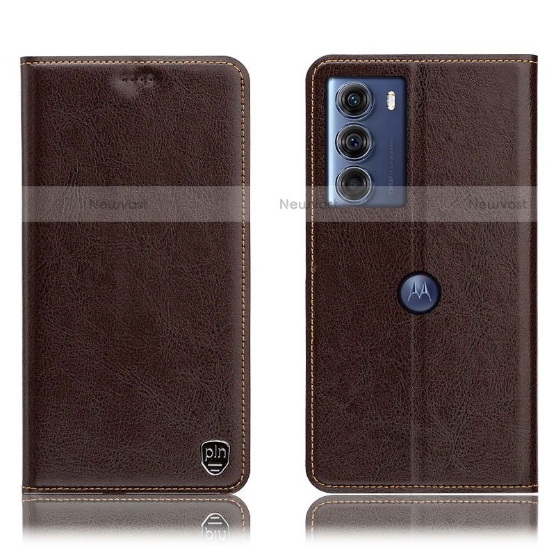 Leather Case Stands Flip Cover Holder H04P for Motorola Moto G200 5G Brown