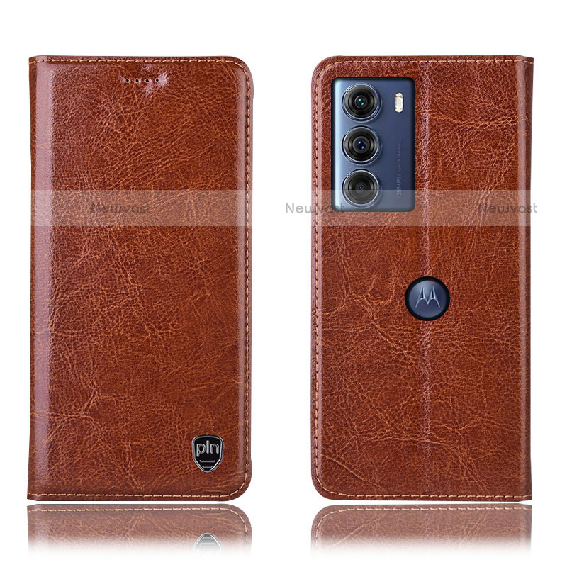 Leather Case Stands Flip Cover Holder H04P for Motorola Moto G200 5G Light Brown