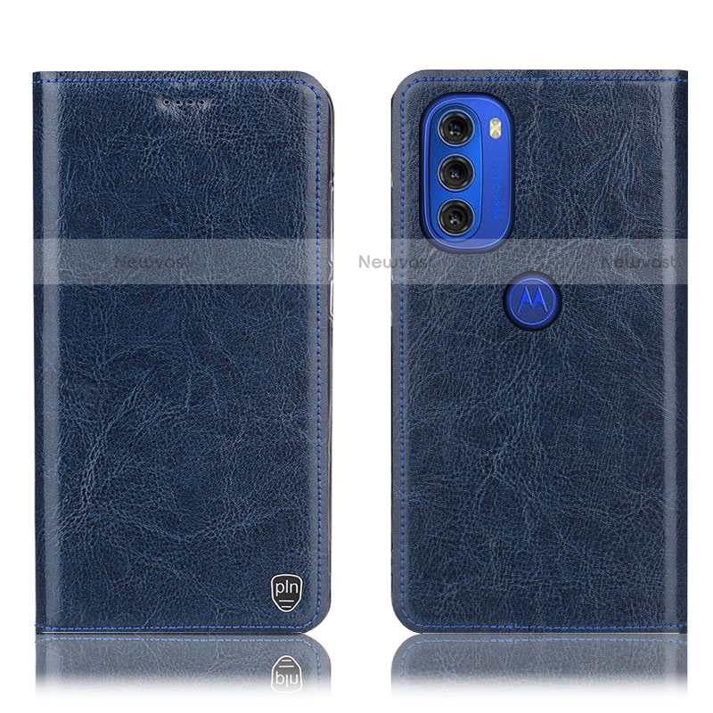 Leather Case Stands Flip Cover Holder H04P for Motorola Moto G51 5G Blue