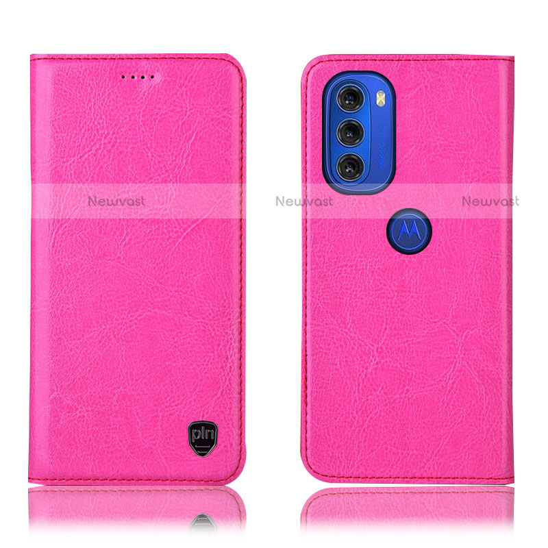 Leather Case Stands Flip Cover Holder H04P for Motorola Moto G51 5G Hot Pink