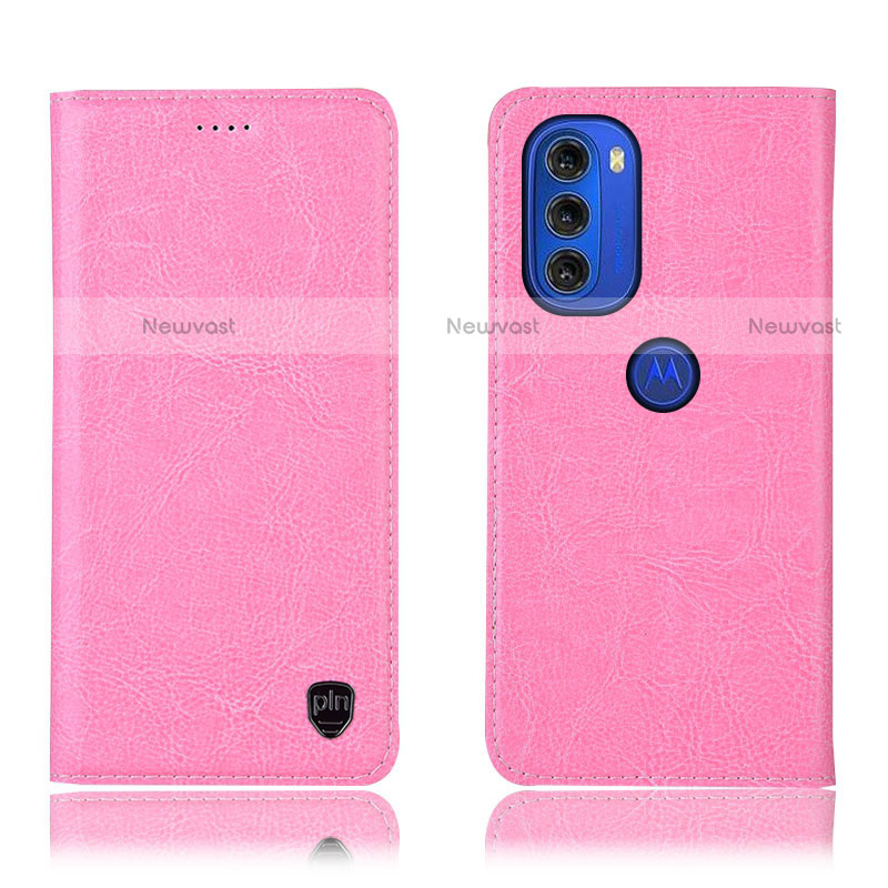 Leather Case Stands Flip Cover Holder H04P for Motorola Moto G51 5G Pink
