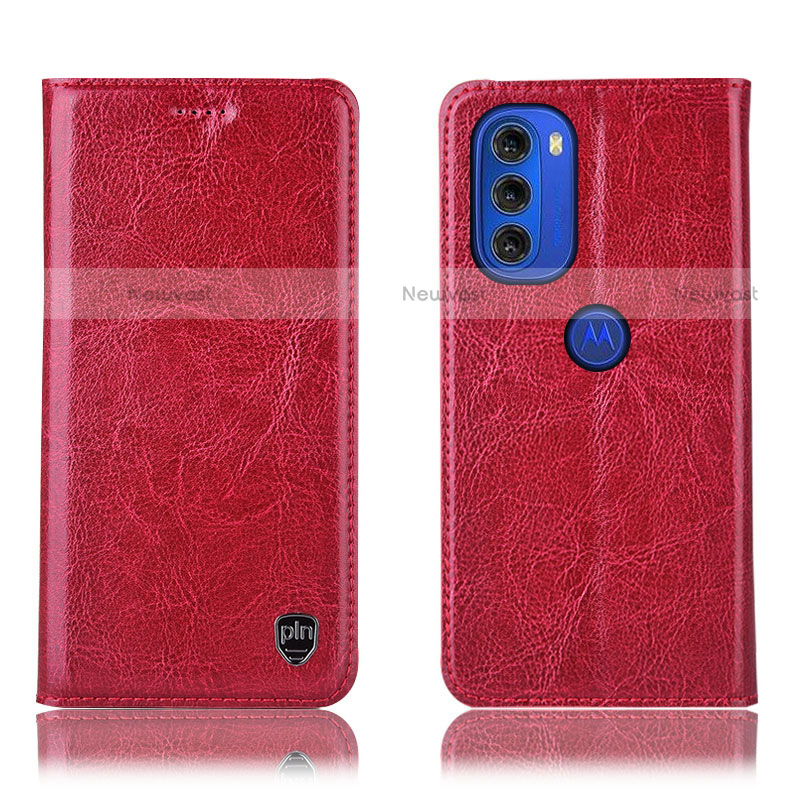 Leather Case Stands Flip Cover Holder H04P for Motorola Moto G51 5G Red