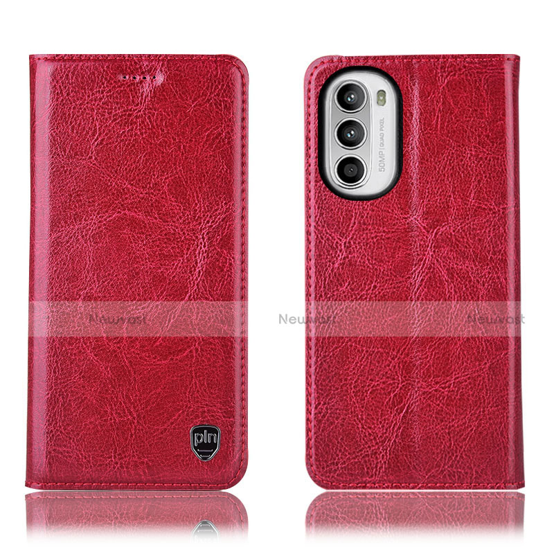Leather Case Stands Flip Cover Holder H04P for Motorola MOTO G52 Red