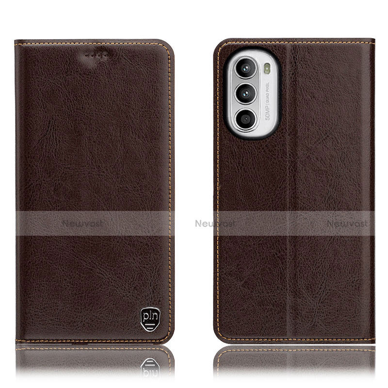 Leather Case Stands Flip Cover Holder H04P for Motorola Moto G82 5G Brown