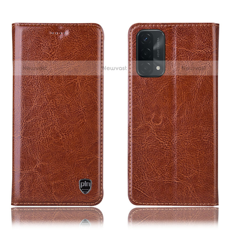 Leather Case Stands Flip Cover Holder H04P for OnePlus Nord N200 5G Light Brown