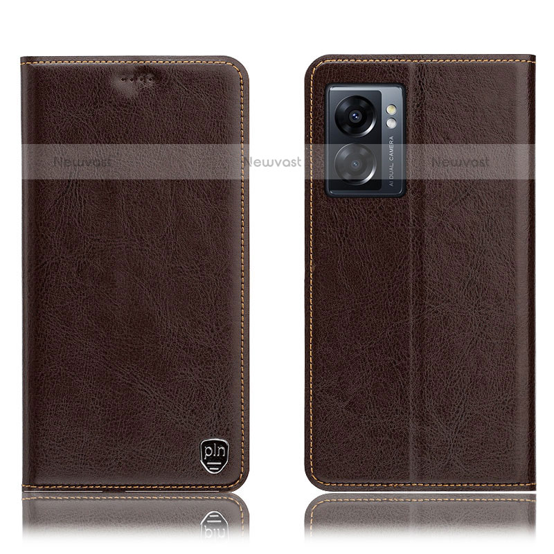 Leather Case Stands Flip Cover Holder H04P for OnePlus Nord N300 5G Brown