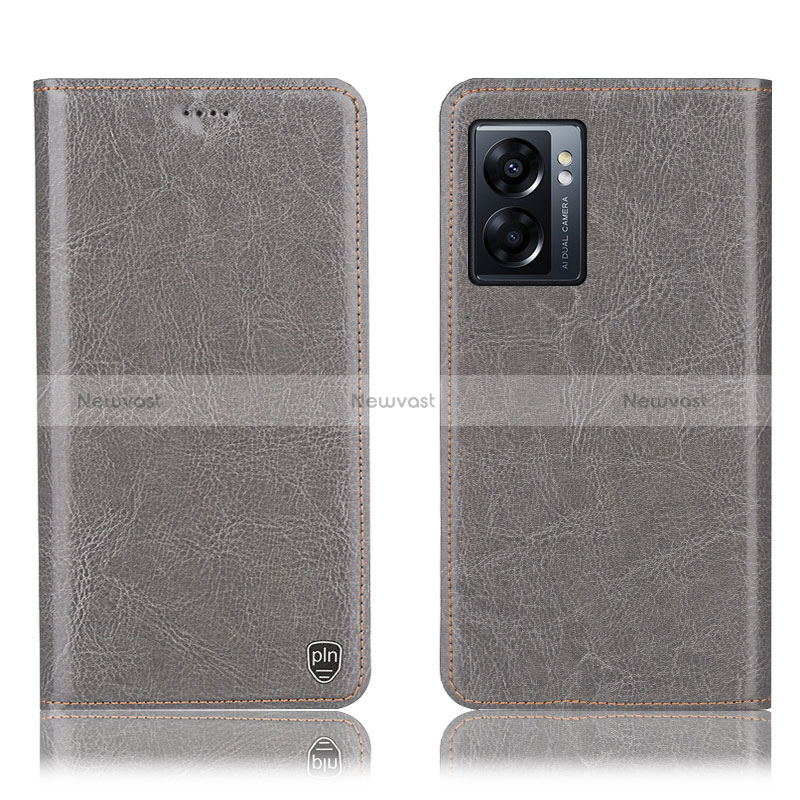 Leather Case Stands Flip Cover Holder H04P for Oppo A56S 5G Gray