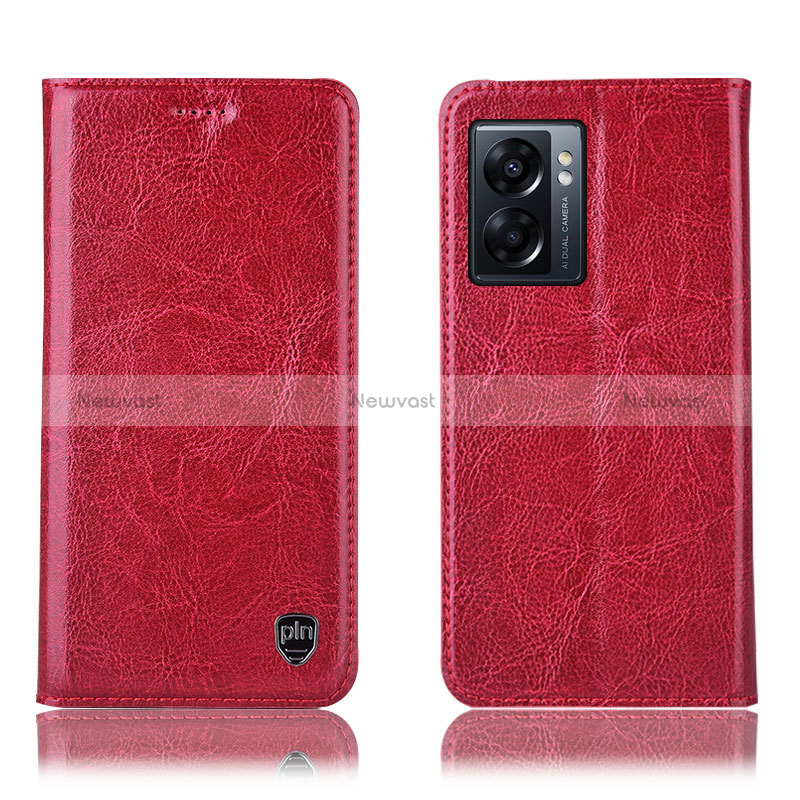 Leather Case Stands Flip Cover Holder H04P for Oppo A56S 5G Red