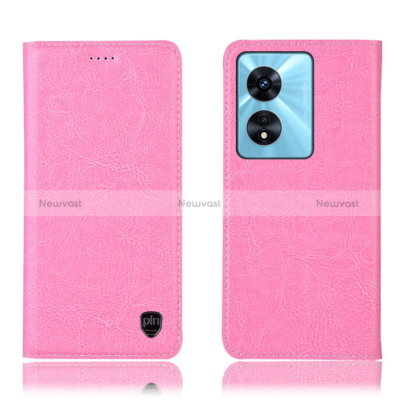 Leather Case Stands Flip Cover Holder H04P for Oppo A58 5G Pink