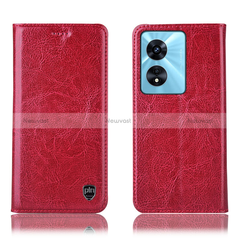 Leather Case Stands Flip Cover Holder H04P for Oppo A58 5G Red