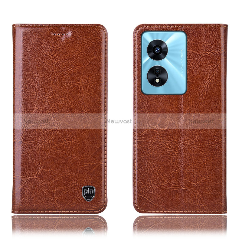 Leather Case Stands Flip Cover Holder H04P for Oppo A78 5G Light Brown