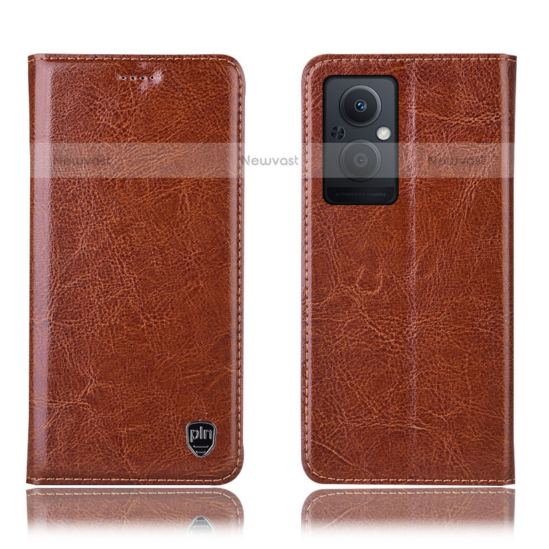 Leather Case Stands Flip Cover Holder H04P for Oppo F21s Pro 5G Light Brown