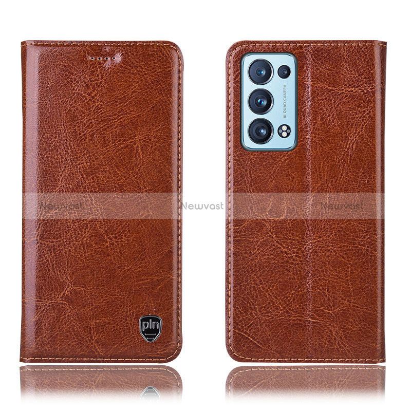 Leather Case Stands Flip Cover Holder H04P for Oppo Reno6 Pro 5G Light Brown