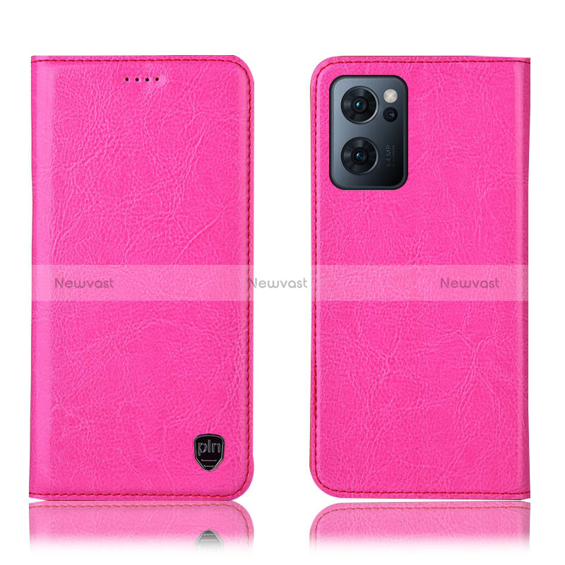 Leather Case Stands Flip Cover Holder H04P for Oppo Reno7 5G Hot Pink