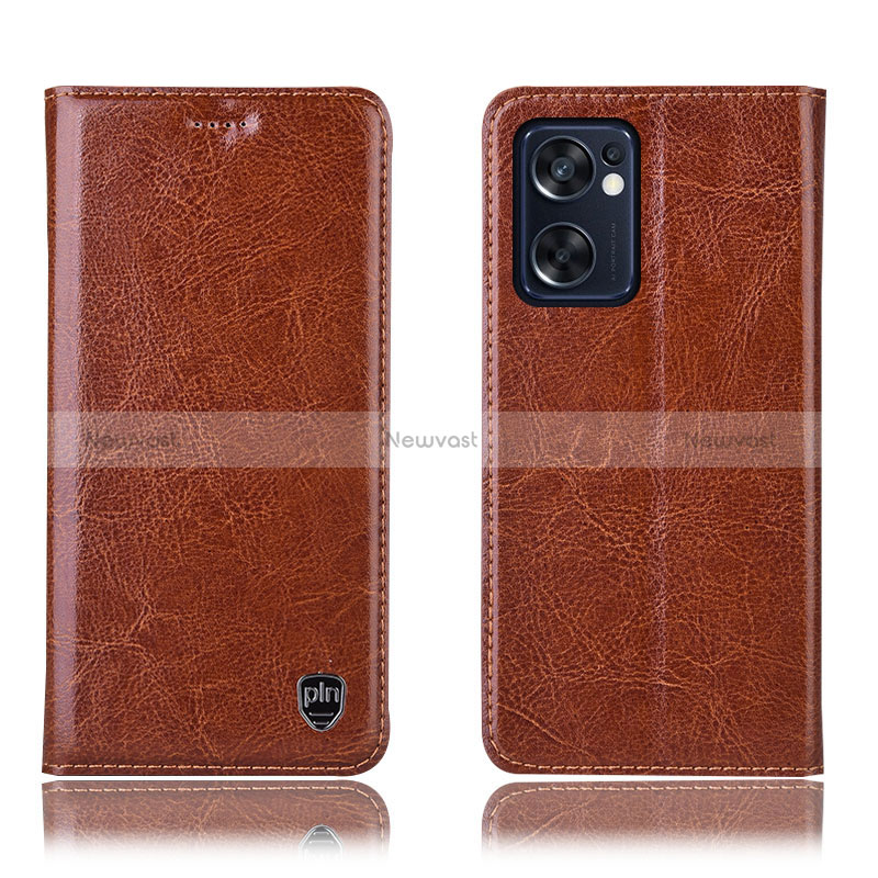 Leather Case Stands Flip Cover Holder H04P for Oppo Reno7 SE 5G Light Brown