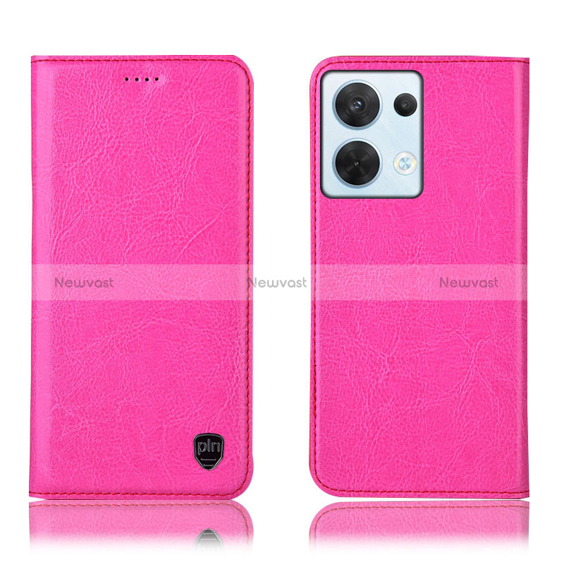 Leather Case Stands Flip Cover Holder H04P for Oppo Reno8 5G Hot Pink