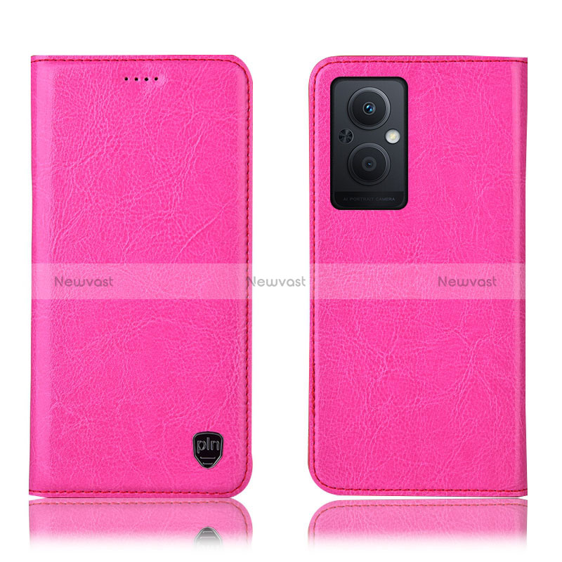 Leather Case Stands Flip Cover Holder H04P for Oppo Reno8 Lite 5G Hot Pink