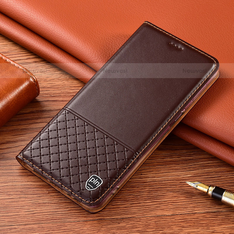 Leather Case Stands Flip Cover Holder H04P for Samsung Galaxy S21 5G Brown