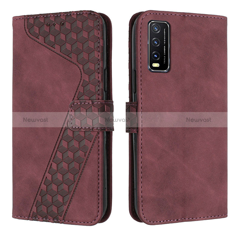 Leather Case Stands Flip Cover Holder H04X for Vivo Y11s Red Wine