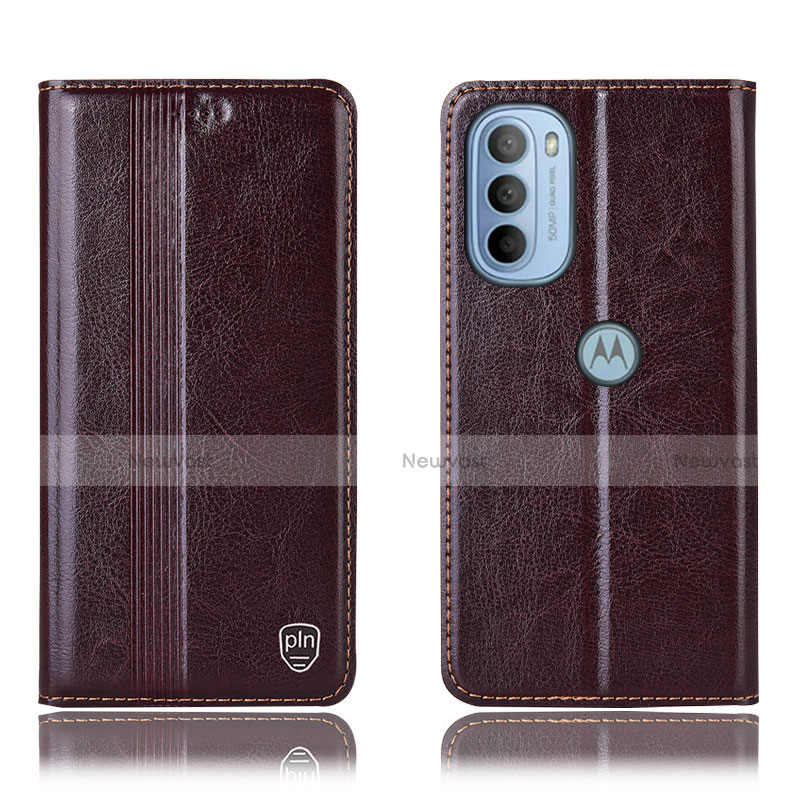 Leather Case Stands Flip Cover Holder H05P for Motorola Moto G41 Brown