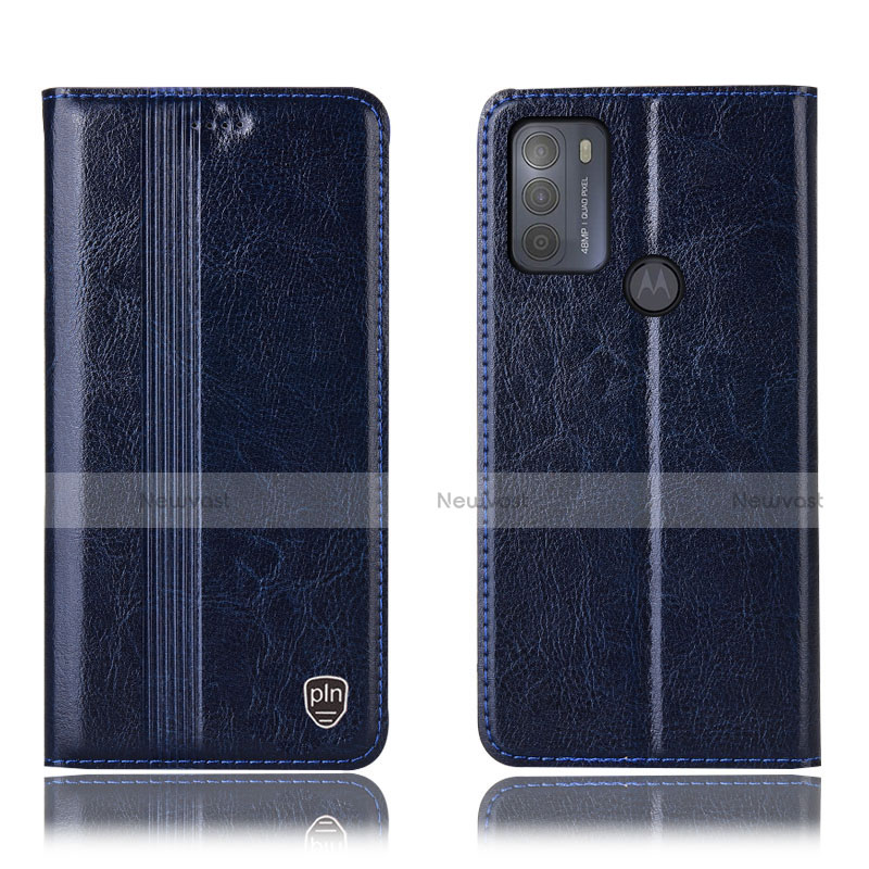Leather Case Stands Flip Cover Holder H05P for Motorola Moto G50 Blue