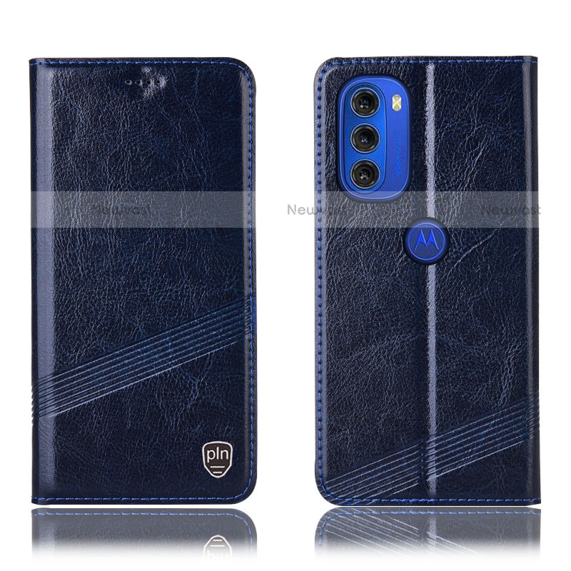 Leather Case Stands Flip Cover Holder H05P for Motorola Moto G51 5G Blue