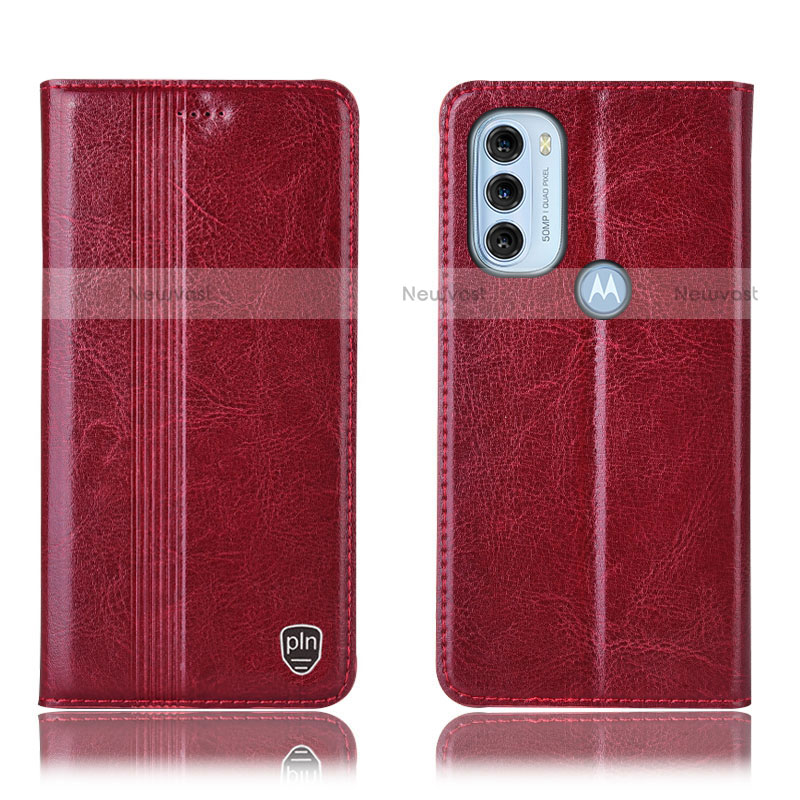 Leather Case Stands Flip Cover Holder H05P for Motorola Moto G71 5G Red