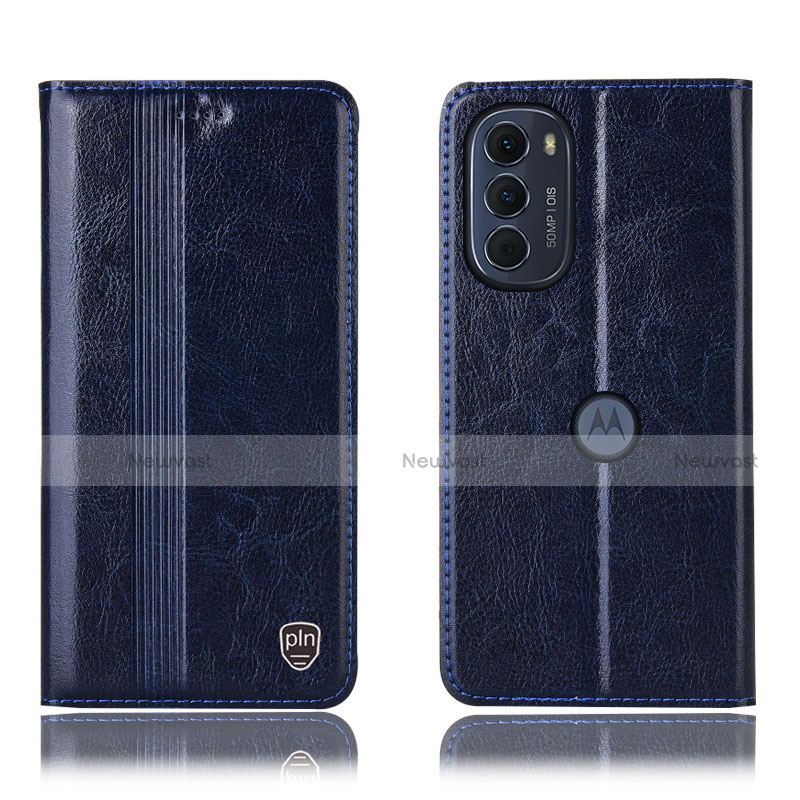 Leather Case Stands Flip Cover Holder H05P for Motorola Moto G82 5G Blue