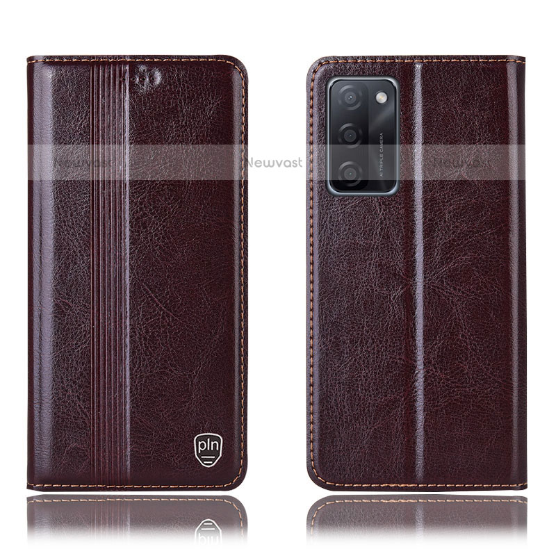 Leather Case Stands Flip Cover Holder H05P for Oppo A55S 5G Brown
