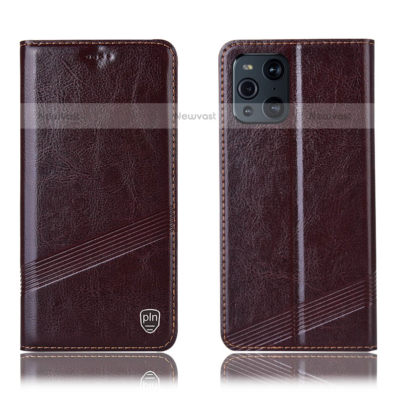 Leather Case Stands Flip Cover Holder H05P for Oppo Find X3 Pro 5G Brown