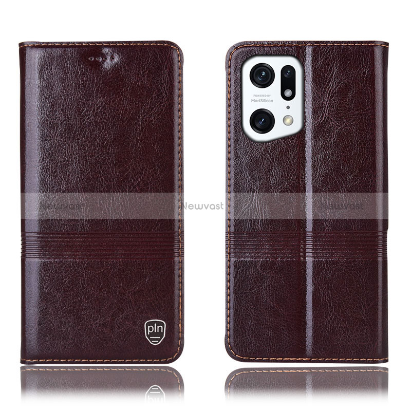 Leather Case Stands Flip Cover Holder H05P for Oppo Find X5 5G Brown