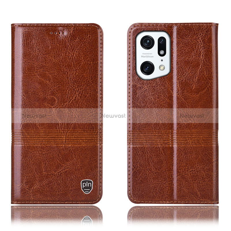 Leather Case Stands Flip Cover Holder H05P for Oppo Find X5 5G Light Brown