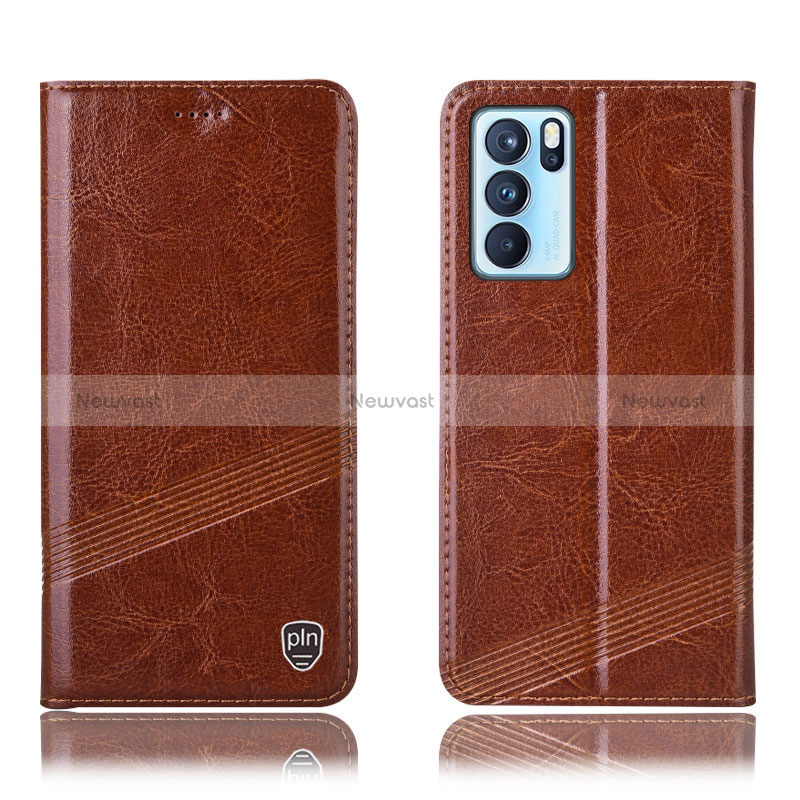 Leather Case Stands Flip Cover Holder H05P for Oppo Reno6 Pro 5G India Light Brown